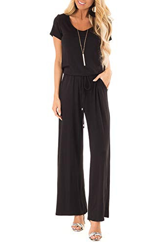 sullcom Women Summer Solid Sleeveless Wide Leg Jumpsuit Casual Spaghetti Strap Stretchy Long Pant Rompers (Large, B-Black)