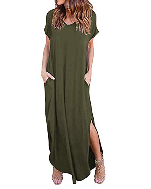Kidsform Women's Short Sleeve Maxi Dress Summer Long Maxi Dresses cotton Plain Solid Floral dress with sleeves V Neck Backless side Split Casual Loose Beach Dress beachwear pockets-Army Green SIZE 2XL