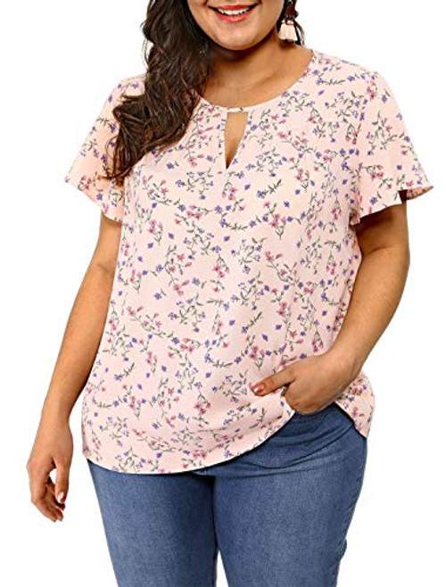 Agnes Orinda Women's Plus Size Chiffon Flared Ruffle Sleeve Keyhole Blouse Floral Top Pink 4X