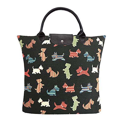 Signare Tapestry Foldable Tote Bag Reusable Shopping Bag Grocery Bag with Playful Puppy Design (FDAW-SCOT)
