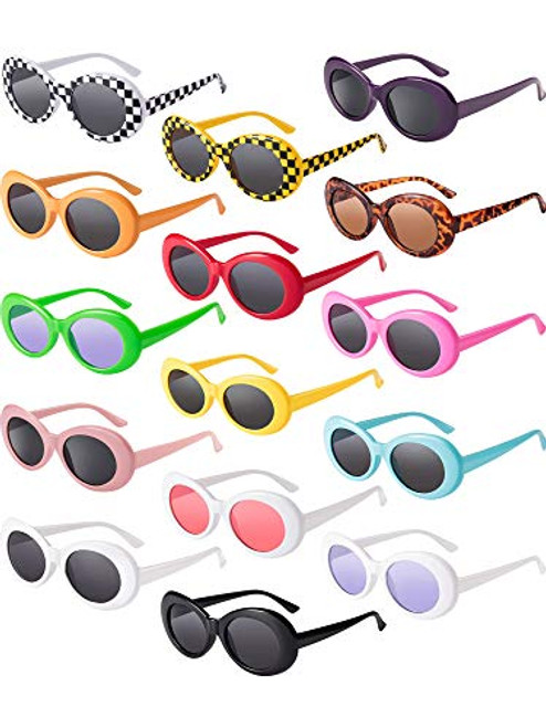 Blulu 15 Pairs Retro Clout Oval Goggles Oval Kurt Mod Thick Frame Round Lens Sunglasses Oval Round Glasses Mod Sunglasses 15 Colors