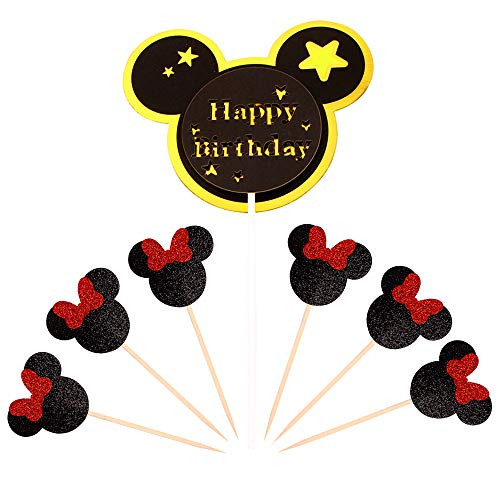 Ercadio Black Minnie Mouse Inspired Happy Birthday Cupcake Topper with 12 PCS Glitter Mini Cupcake Picks Baby Shower Kids Birthday Party Cake Decorations Supplies