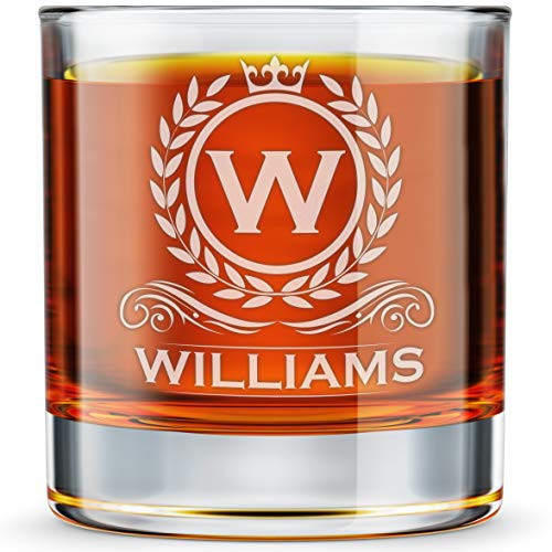 Personalized Custom Whiskey Glass, Engraved Etched Monogram Rocks Cocktail Glass, 10.25 oz Old Fashioned Whiskey Gift Glass