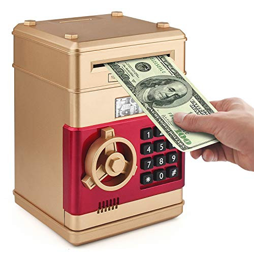 Setibre Piggy Bank, Electronic ATM Password Cash Coin Can Auto Scroll Paper Money Saving Box Toy Gift for Kids (Gold)