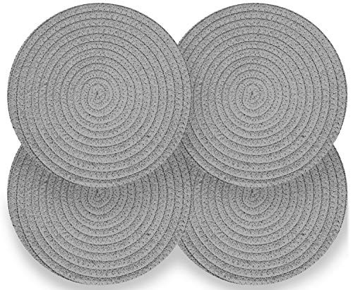 Cotton Round Woven Coasters Drink - Handmade Braided Cup Coasters Absorbent Woven Coasters Hot Pads Mats for Drink Home Kitchen Heat-Resistant Reusable Non-Slip (4 pcs grey)