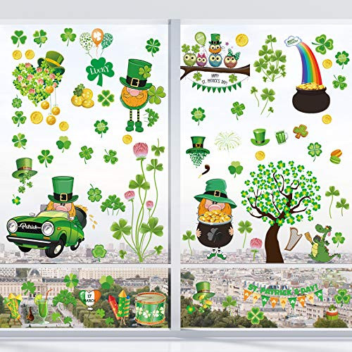 82 Pieces 7 Sheets St. Patrick's Day Window Clings Irish Festival Window Clings Decorations Stickers, Shamrock Clover Leprechaun Static Window Sticker Decals for Lucky Day, Party, Office Decor