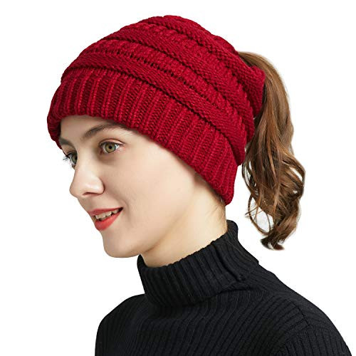 MissPretty Beanie Hat Cable Knit Winter Tail Ponytail Bun Hat Soft Streatch (Red, Beanie Tail), Large