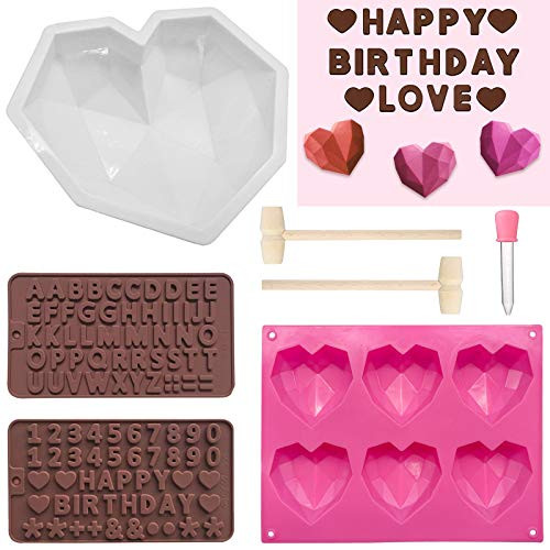 7 Pieces Diamond Heart Silicone Molds Set for Chocolate and Mousse Wedding Cake,Silicone Letter and Number Chocolate Mold with Wooden Hammers and Droppers for Home Kitchen DIY Tools Mother's Day Gift 7 Pieces Diamond Heart Silicone Molds Set for Chocolate and Mousse Wedding Cake,Silicone Letter and Number Chocolate Mold with Wooden Hammers and Droppers for Home Kitchen DIY Tools Mother's Day Gift