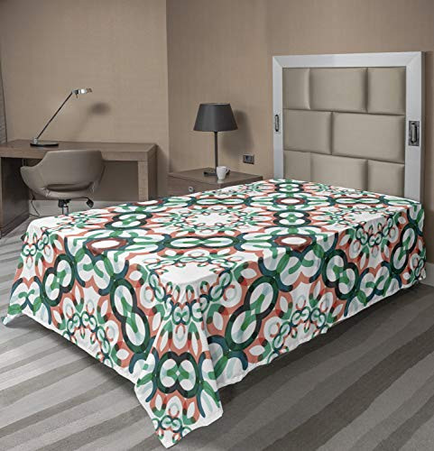 Lunarable Circle Flat Sheet, Round Shapes with Short Lines Geometrical Design Pattern Print, Soft Comfortable Top Sheet Decorative Bedding 1 Piece, Twin Size, Forest Green Coral