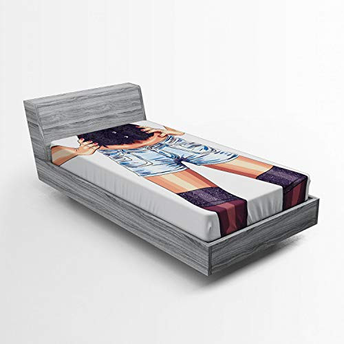 Ambesonne Fashion Fitted Sheet, Young Woman Figure Wearing Jean Shorts and Stockings Artwork Illustration Print, Soft Decorative Fabric Bedding All-Round Elastic Pocket, Twin Size, Multicolor