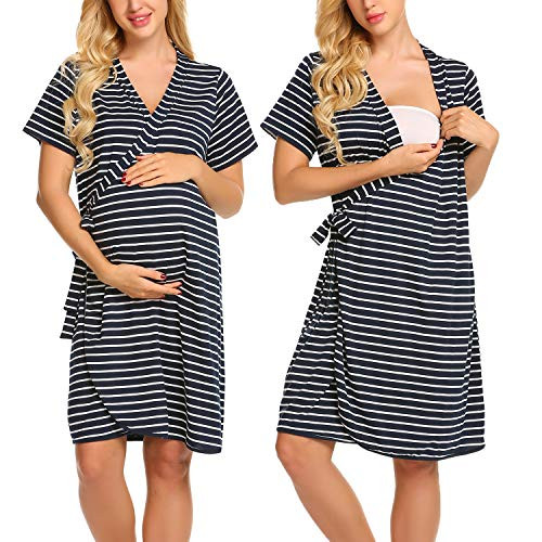 Ekouaer Striped Maternity Robe, Pregnant Short Sleeve Labor Delivery Nursing Hospital Gowns S-XXL (Medium, 6862 Navy Blue)
