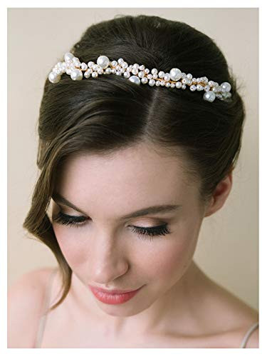 SWEETV Pearl Bridal Headband Handmade Wedding Hair Accessories for Brides Headpieces Hair Vine