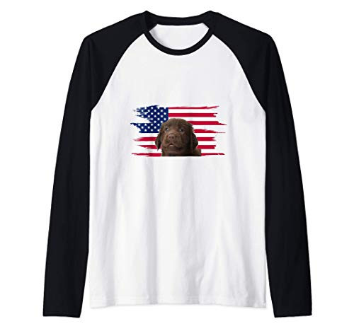 American Flag Dog Retriever Flat-Coated Raglan Baseball Tee