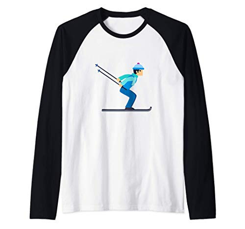 Cute Cartoon Skier Mountain Ski Slopes Raglan Baseball Tee