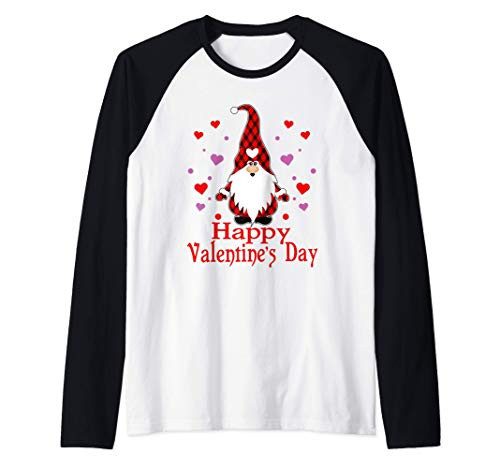 Happy Valentine's Day Garden Gnome Red Buffalo Plaid Love Raglan Baseball Tee