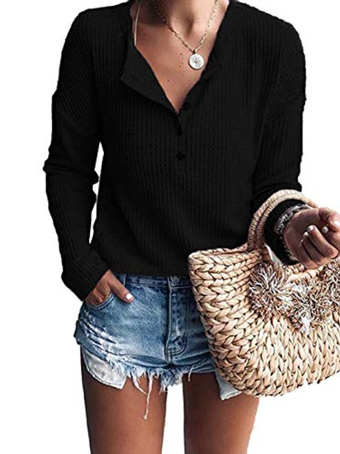 WNEEDU Women's Waffle Knit Tunic Tops Loose Long Sleeve Button Up V Neck Henley Shirts (S, Black2) WNEEDU Women's Waffle Knit Tunic Tops Loose Long Sleeve Button Up V Neck Henley Shirts (S, Black2)