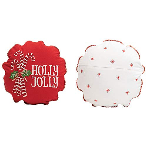 Creative Co-op Reversible Round Cotton Woven Holly Jolly Embroidered Patterned Back  and  Piped Edge Pillow, Red