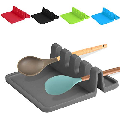 Silicone Spoon Rest, Silicone Utensil Rest with Drip Pad for Multiple Utensils, Kitchen Spoon Rest Utensil Holder for Stove Top (Grey)