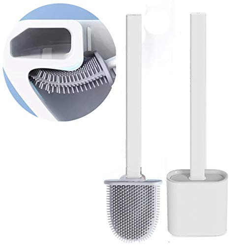 Toilet Brush and Holder Set for Bathroom, Deep Cleaning Silicone Toilet Bowl Brush with Non-Slip Long Plastic Handle, Bendable Brush Head to Clean Toilet Corner Easily, Save Space (White)