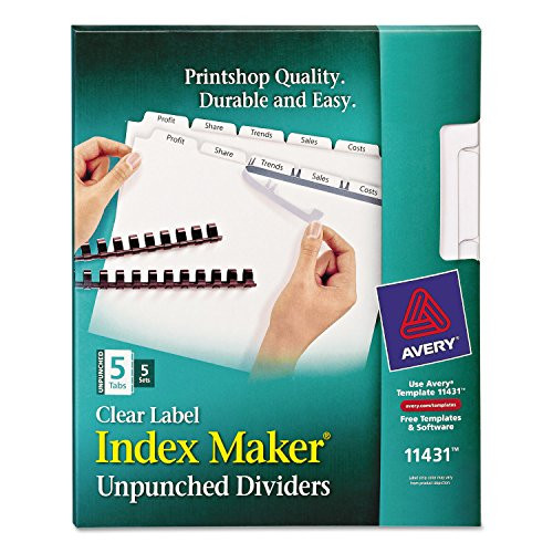 Avery 11431 Clear Label Index Maker, Unpunched, 5-Tab, White, Letter, 5 Sets/PK