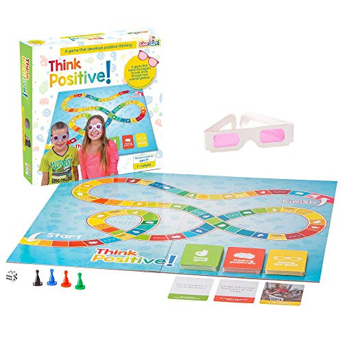 Think Positive a fun Kids Board Game to promote positive thinking in life for ages 6Plus. Therapy and learning family game with Doing Good, Thinking Positively and Seeing Good cards  and  rose tinted glasses
