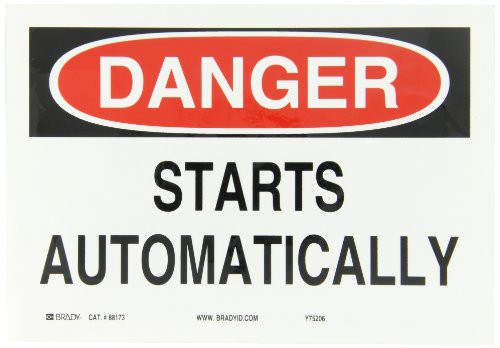 Brady 88173 10" Width x 7" Height, B-302 High Performance Polyester, Black and Red on White Machine and Operational Sign, Legend "Starts Automatically"