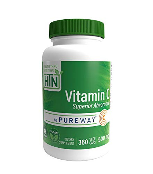 Superior Absorption Vitamin-C 500mg as PureWay-C® (360 Vegecaps) Non GMO and Free from Common excipients Such as Magnesium Stearate and Silica by Health Thru Nutrition