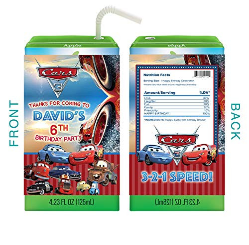 10 Cars Juice Box Label Stickers Party Favors Lightning Mcqueen Tow Mater