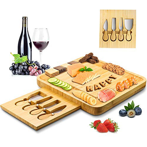 Sungwoo Cheese Board and Knife Set, Bamboo Charcuterie Platter Serving Tray with Cutlery for Cheese, Meat, Crackers, Fruit and Wine, Perfect Gift for Housewarming Wedding Birthday Sungwoo Cheese Board and Knife Set, Bamboo Charcuterie Platter Serving Tray with Cutlery for Cheese, Meat, Crackers, Fruit and Wine, Perfect Gift for Housewarming Wedding Birthday