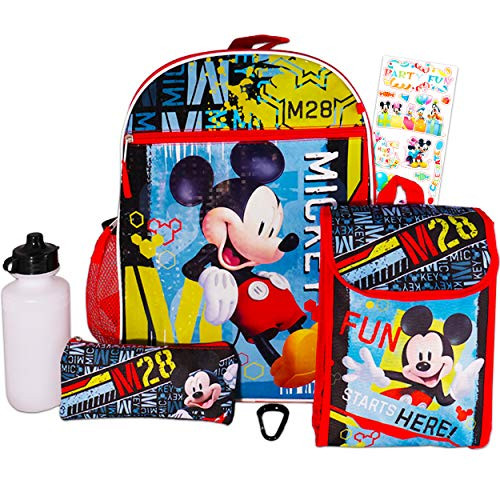 Disney Mickey Mouse Backpack and Lunch Box Set for Kids Boys Girls - 6 Pc 16" Mickey Backpack, Lunch Bag, Water Bottle, Stickers, and More Bundle (Mickey Mouse Party School Supplies)