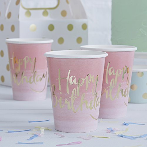 Ginger Ray PM-905 Pick And Mix Foiled Pink Ombre Happy Birthday Party Paper Cups (8 Pack), Gold