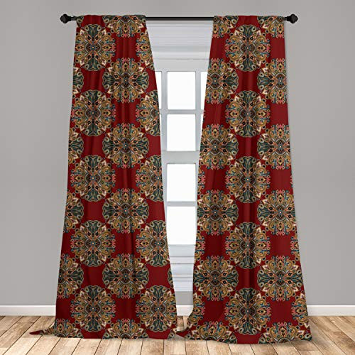 Lunarable Maroon 2 Panel Curtain Set, Oriental Traditional Paisley Pattern Mandala Inspired Round Boho Folk Hues, Lightweight Window Treatment Living Room Bedroom Decor, 56" x 84", Pastel Maroon