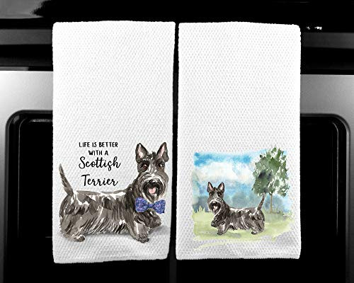 Scottish Terrier Landscape and Watercolor Dog Life is Better Microfiber Kitchen Tea Towel Set of 2