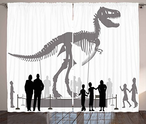 Ambesonne Dinosaur Curtains, Silhouettes of People Looking at a Tyrannosaurus Rex Skeleton in a Museum, Living Room Bedroom Window Drapes 2 Panel Set, 108" X 63", Dimgrey White