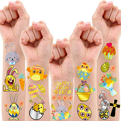 34 Metallic Glitter Styles Easter Temporary Tattoos for Kids, Easter Bunny Eggs Decorations Party Supplies Favors, Easter Gifts Tattoos Stickers for Boys and Girls (2 Sheets)
