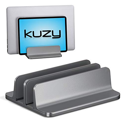 Kuzy Dual Vertical Laptop Stand, 2 Device Holder with Adjustable Dock Vertical Laptop Holder Computer Rack, Aluminum and Nonslip Silicone up to 17.3 inch MacBook Pro Air Notebook Tablet, Space Gray