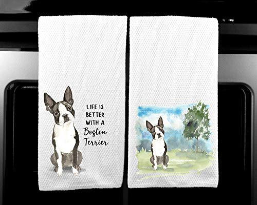 Boston Terrier Landscape and Watercolor Dog Life is Better Microfiber Kitchen Tea Towel Set of 2