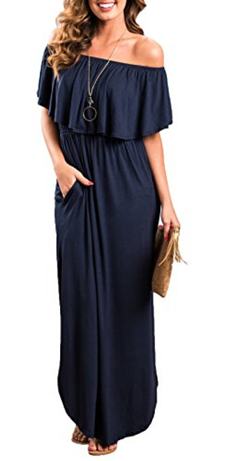 Womens Off The Shoulder Ruffle Party Dress Side Split Beach Long Maxi Dresses Navy L