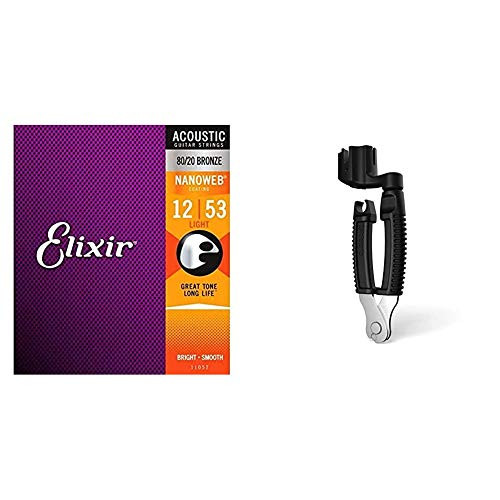 Elixir Strings 80/20 Bronze Acoustic Guitar Strings w NANOWEB Coating, Light (.012-.053)  and  D'Addario Accessories, 0 Guitar String Winder, Black, 0 (DP0002)