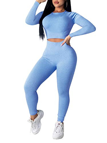 Ekaliy Two Piece Yoga Outfits for Women Set Long Sleeve Bodycon Jumpsuit Pant And Crop Top Set Club Pants Sets Athletic Set Pants Jumpsuit Blue L
