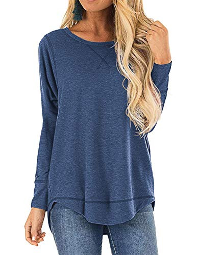 HIYIYEZI Fall Tops for Women Long Sleeve Side Split Casual Loose Tunic Top (Large,Blue)