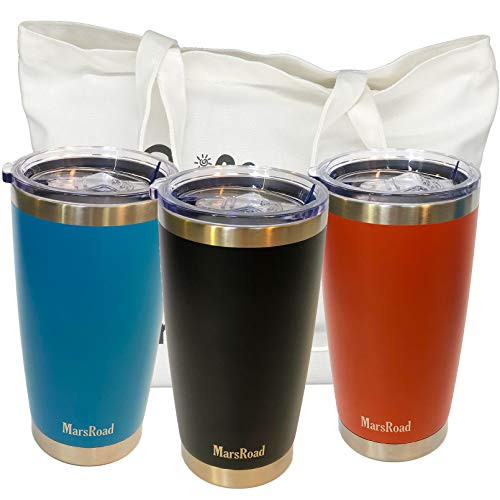 MarsRoad Bundles Set - 3 Pack Tumblers: Double Wall Vacuum Insulated Travel Coffee Mug 20oz with Splash Proof Sliding Lid (1Blue1Black1Red1Bag, 3)