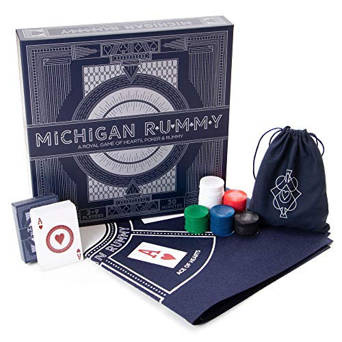 Michigan Rummy: A Royal Game of Hearts, Poker  and  Rummy  Betting  and  Bluffing Board Game  Classic Family Card Game for Adults  and  Kids  200 Poker Chips, 24" x 24" Mat  and  Custom Card Deck