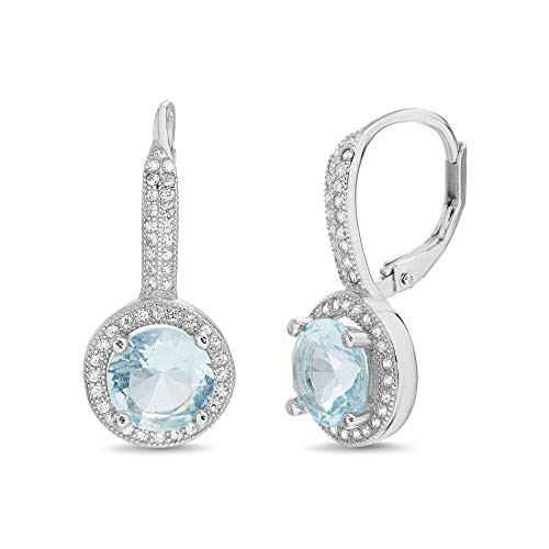 MIA SARINE Rhodium Plated Sterling Silver Round Simulated Aquamarine and Cubic Zirconia Bridal Leverback Earring
