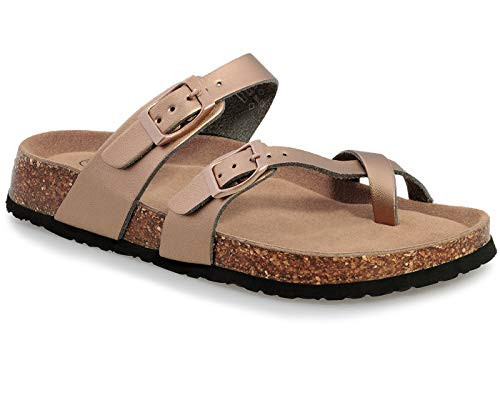 shoeslocker Womens Slides Sandals Open-Toe Flat Cork Footbed Sandals Bronze Size 6