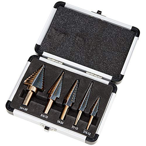 5pcs Titanium Step Drill Bit,Zhushan HSS Cobalt Multiple Hole 50 Sizes, Titanium Coated, Double Cutting Blades, High-Speed Metal Steel Step Drill Bit Set with Aluminum Case