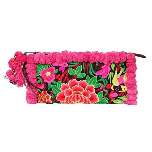 Pink Pom Pom Clutch Bag with Embroidered Hmong Tribes Garden Pattern