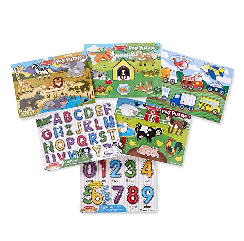 Melissa  and  Doug Wooden Peg Puzzle 6 Pack Numbers, Letters, Animals, Vehicles