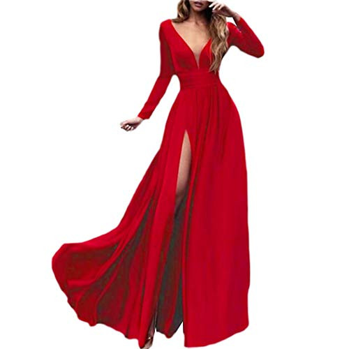 Women's High Split Long Formal Dress Long Sleeve V Neck Evening Cocktail Party Maxi Dress (Red, M)