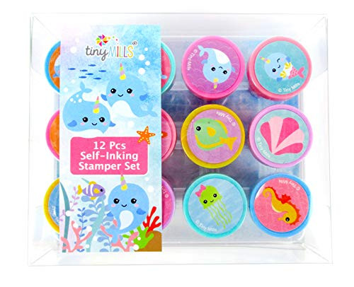TINYMILLS 12 Pcs Narwhals Under The Sea Stamp Kit for Kids Self Inking Stamps Gift Easter Basket Filler